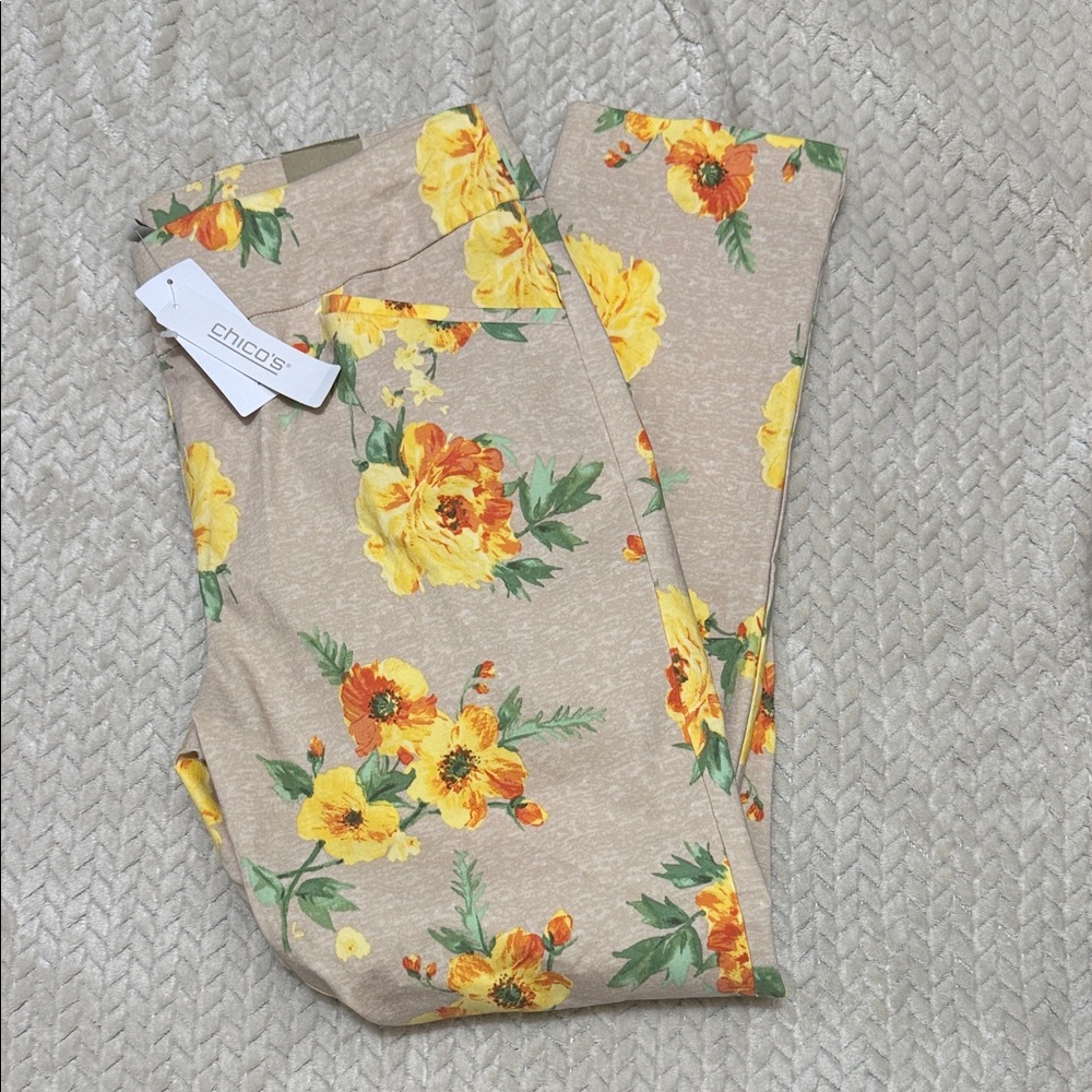 Chico's Beige Pants with Yellow and Orange Floral Design